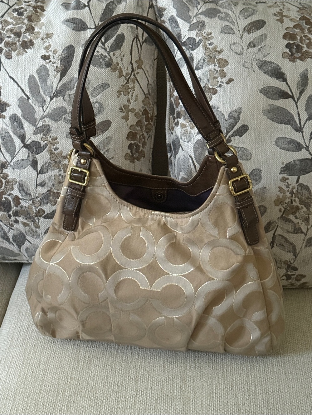 Vintage Coach Beige Signature Canvas Shoulder Bag with Brown Leather Trim